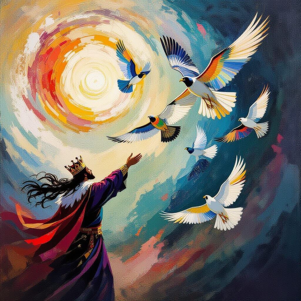 King Frees Hawks and Falcons in Abstract Style