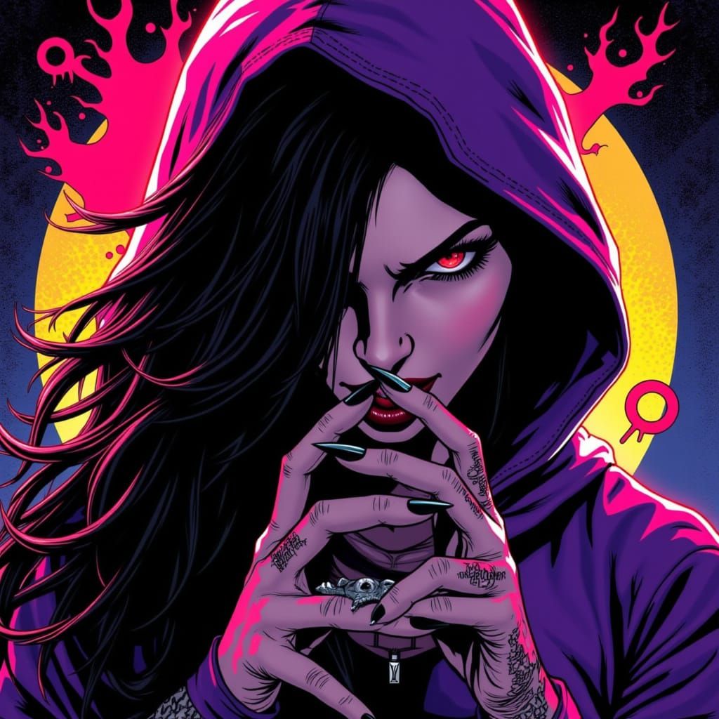 Goth Punk Woman with Dark Purple Hair and Tattoos in Comic S...