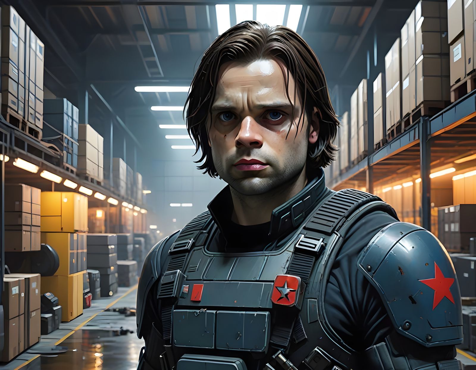 Realistic Winter Soldier Portrait in a Cyberpunk Warehouse