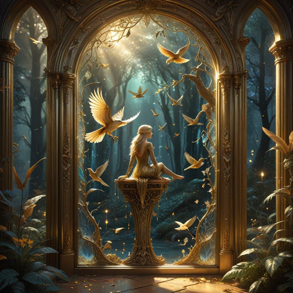 Ethereal Elf with Birds in Enchanted Chamber Digital Art
