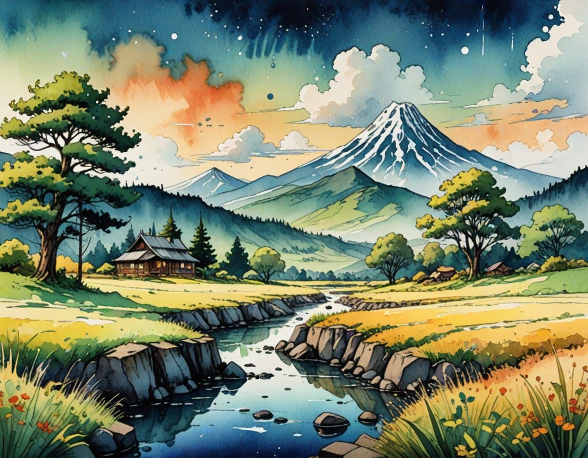 Lush Watercolor Landscape with Whimsical Touches
