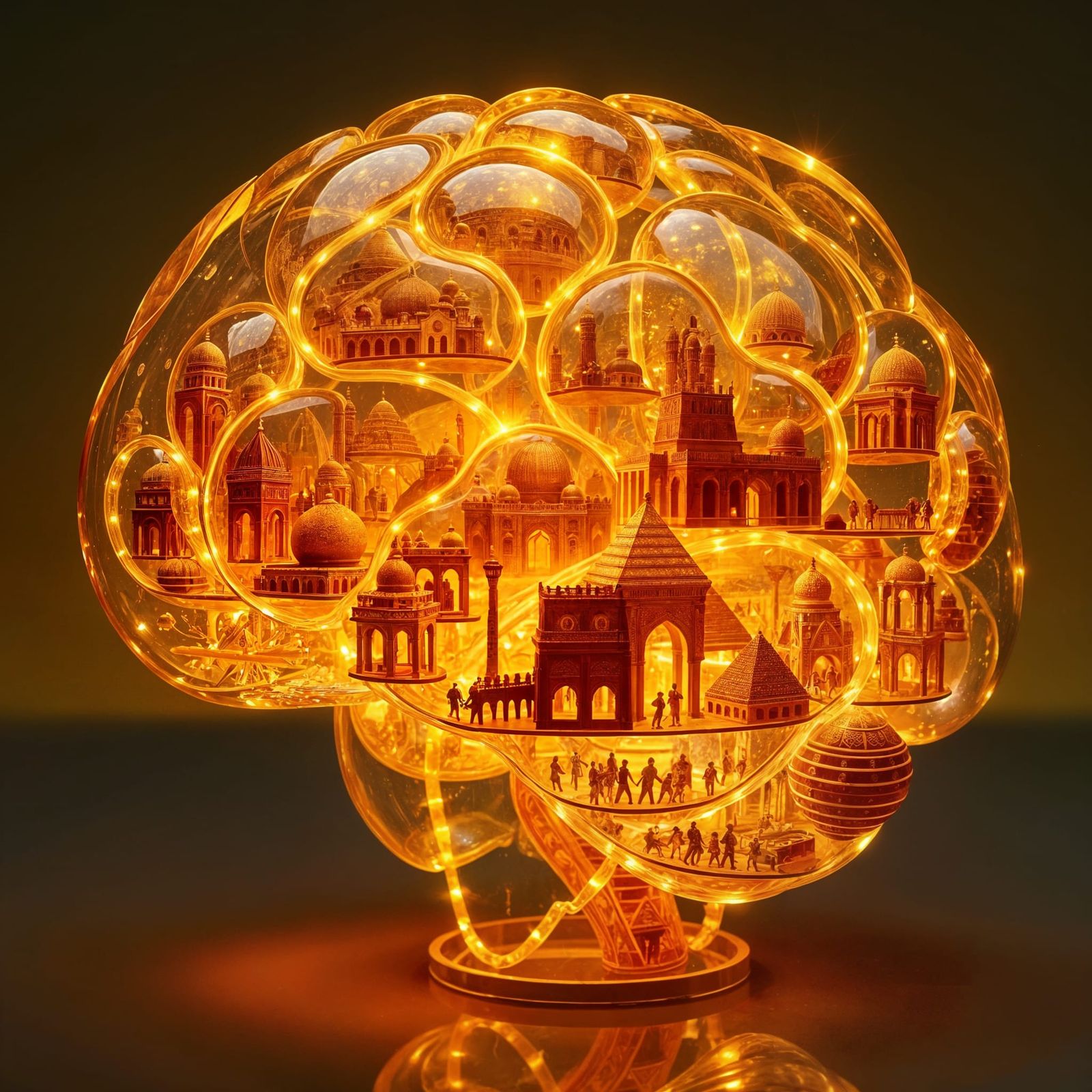 Golden Glass Brain Displaying Islamic Civilizations