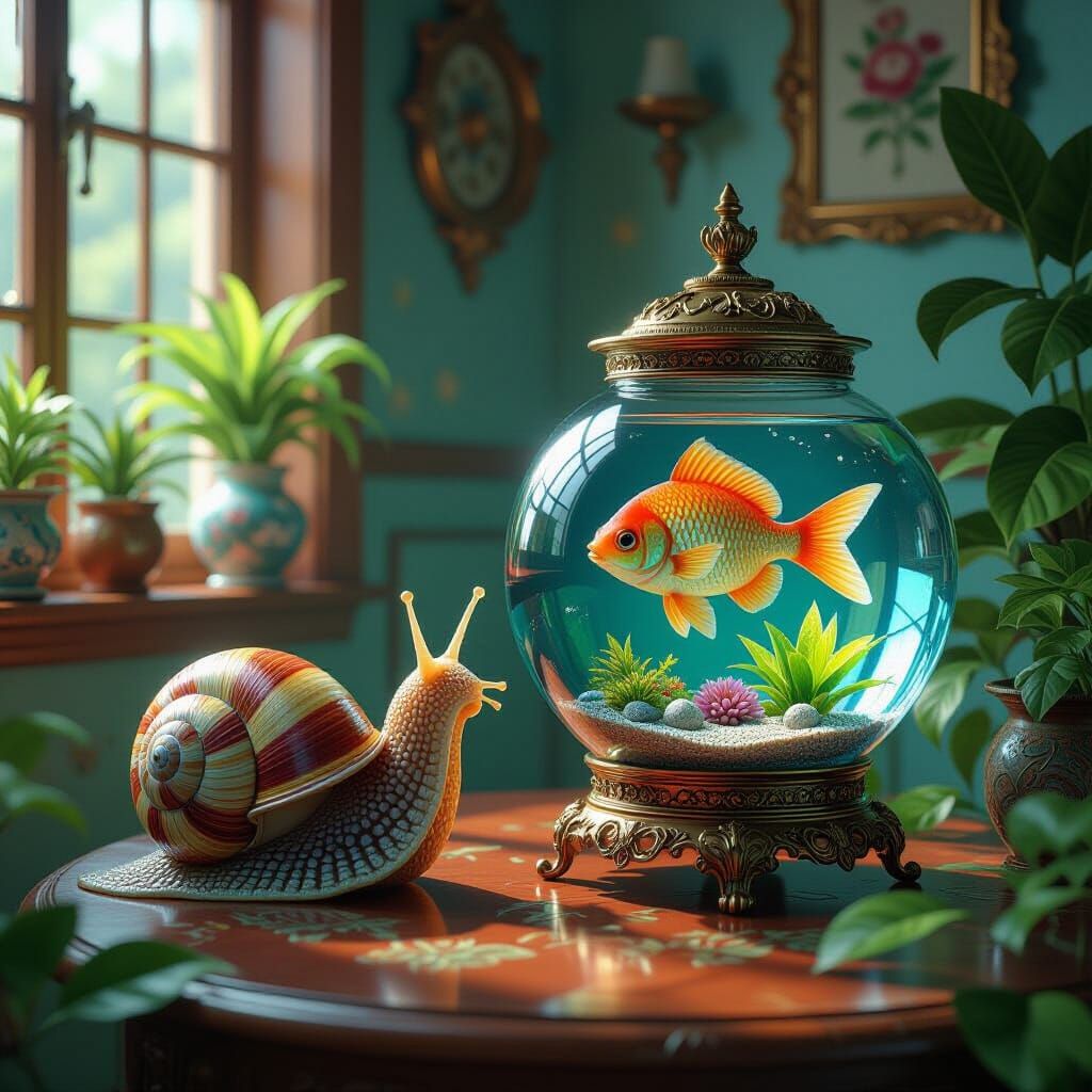 Snail Gazing into Fishbowl in Art Nouveau Style