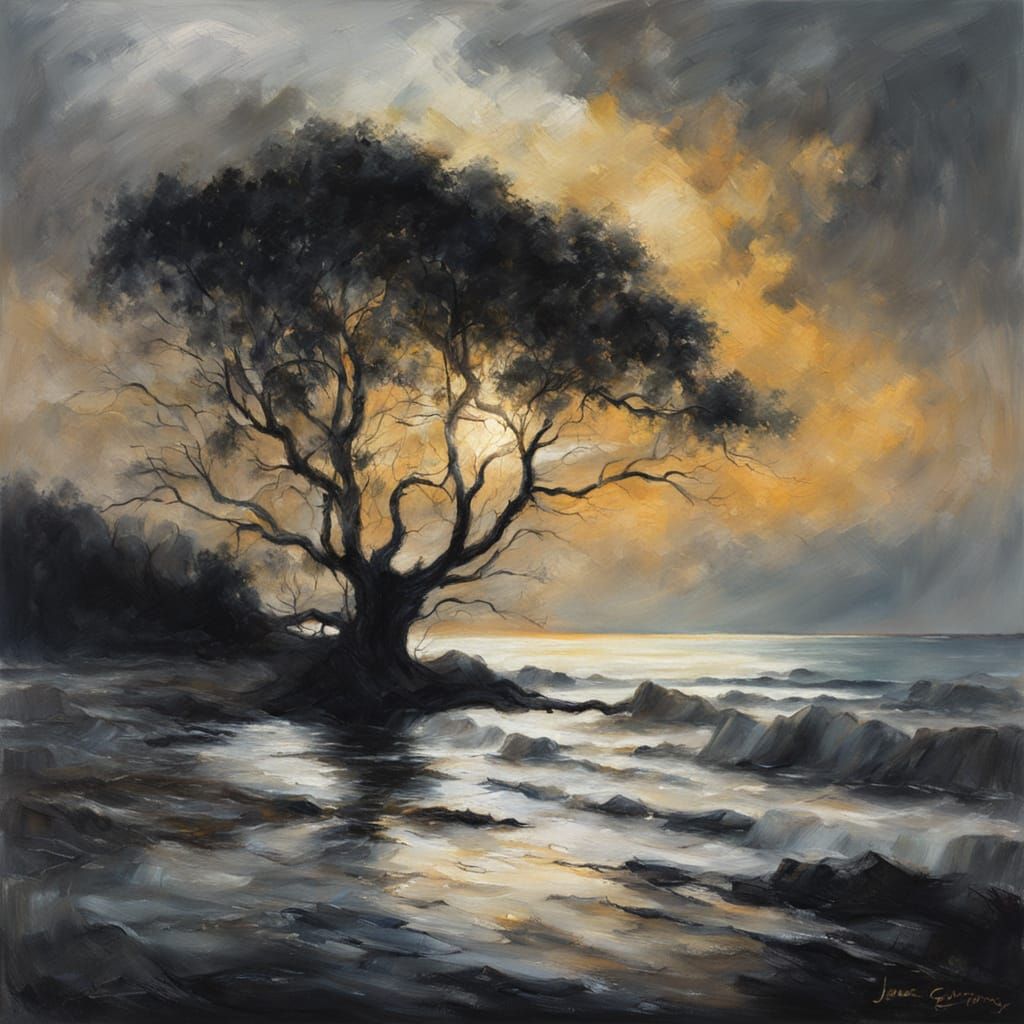 Dramatic Tree Silhouettes in Atmospheric Oil Painting