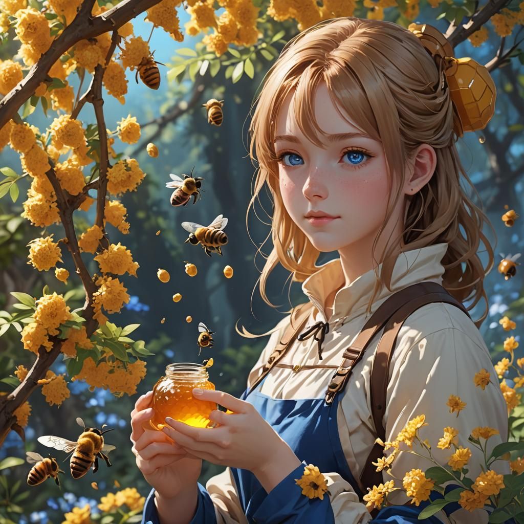 Anime Girl Collecting Honey in Detailed 3D Art