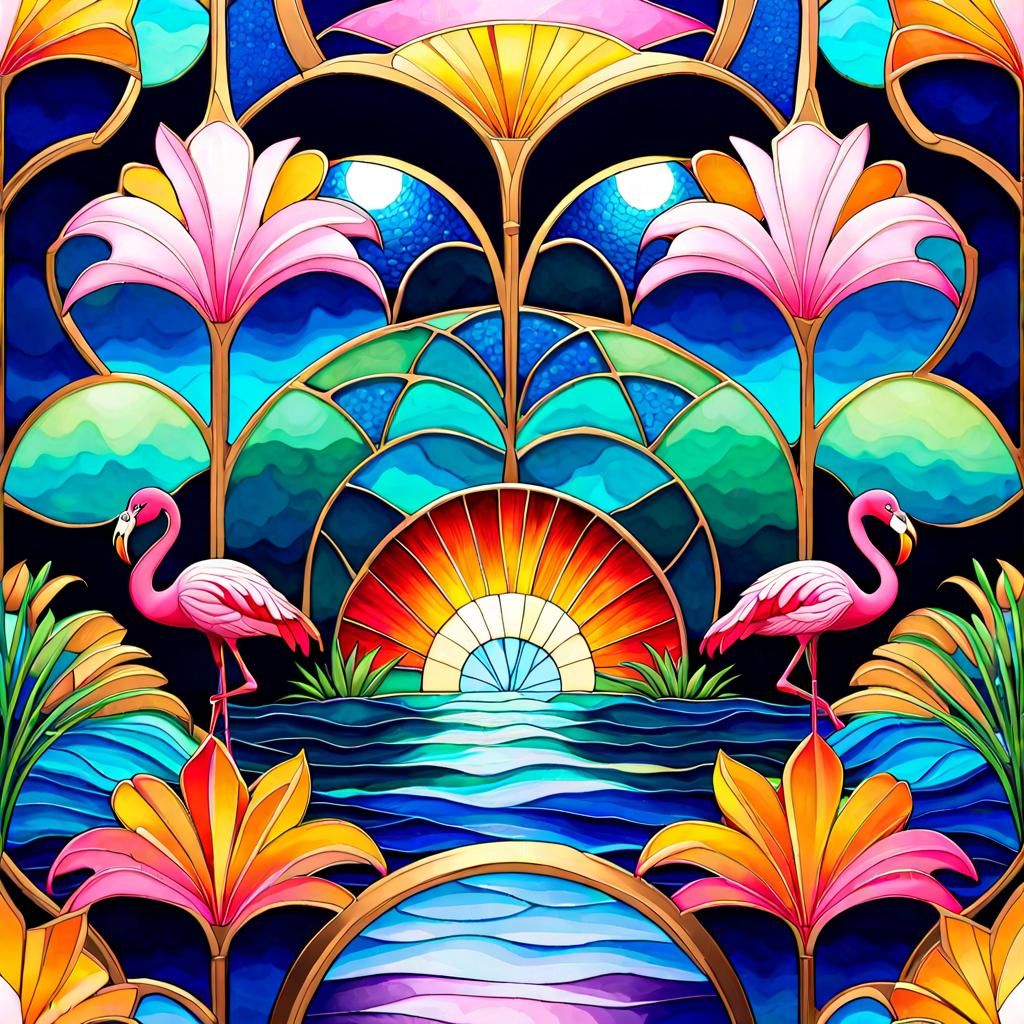 Pink Flamingo in Stained Glass Alcohol Ink Style