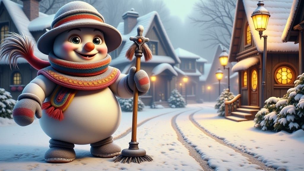 Winter Wonderland Scene in Folk-Art Style