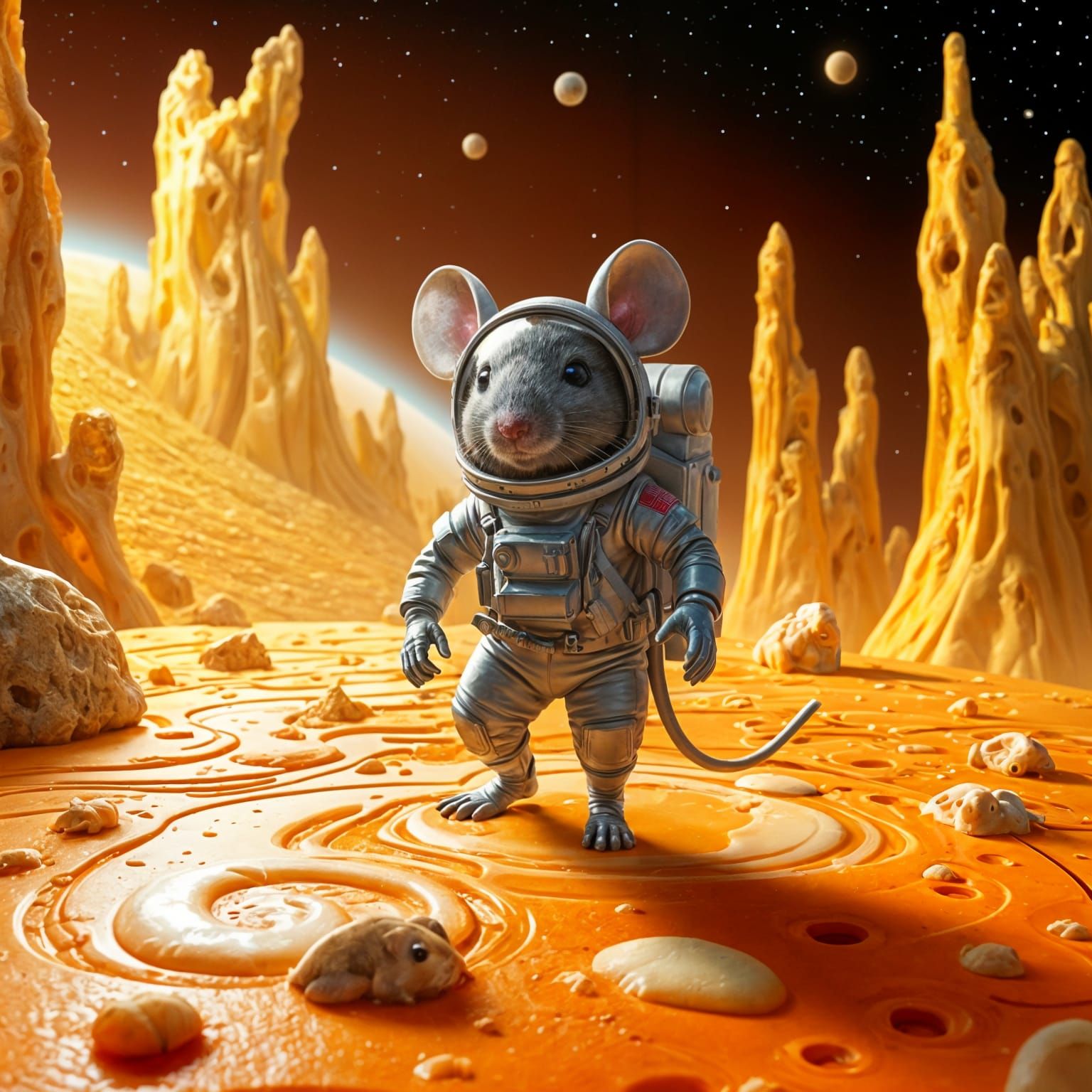 Mouse Astronaut on Cheese Planet in Hyperrealism