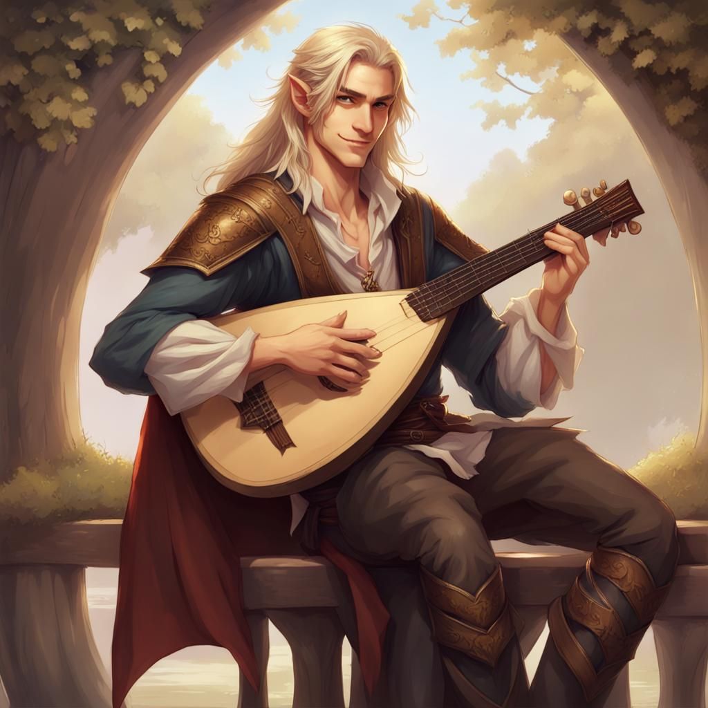 Handsome Half-Elf Bard Playing Lute Portrait