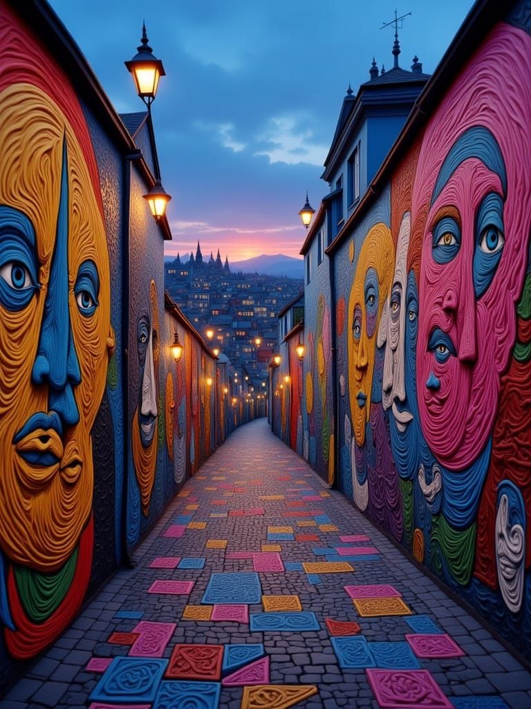 Vibrant Graffiti Murals at Dusk in Street Art Style