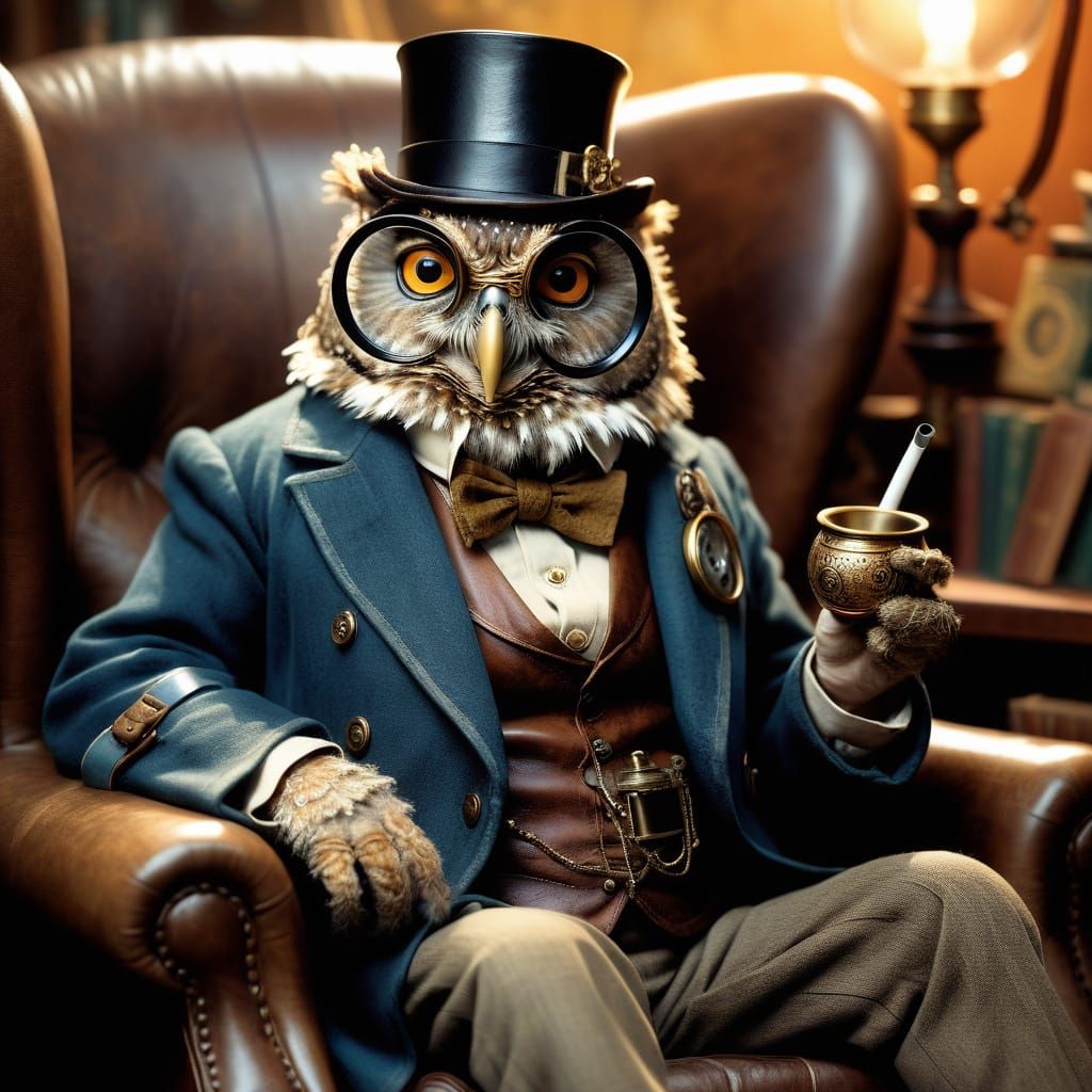 Whimsical Owl Gentleman in Steampunk Library