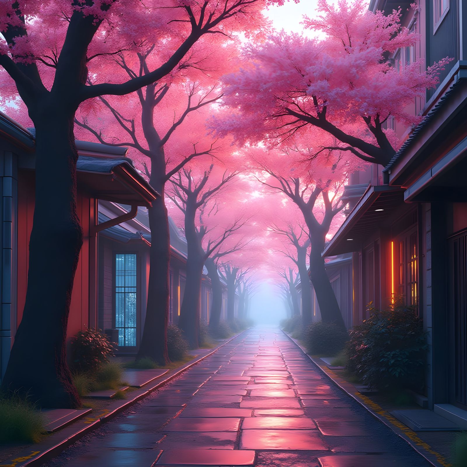 Cyberpunk Alley with Cherry Blossoms in Early Spring
