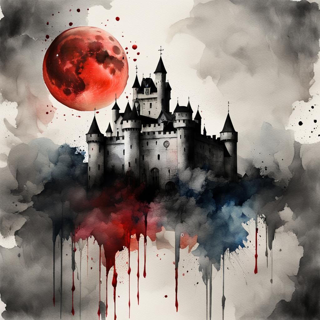 Monochrome Castle Under Blood Moon in 8k