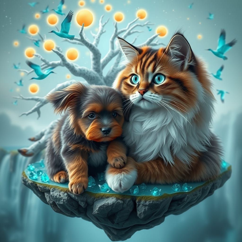Cat and Dog on Floating Waterfall Island