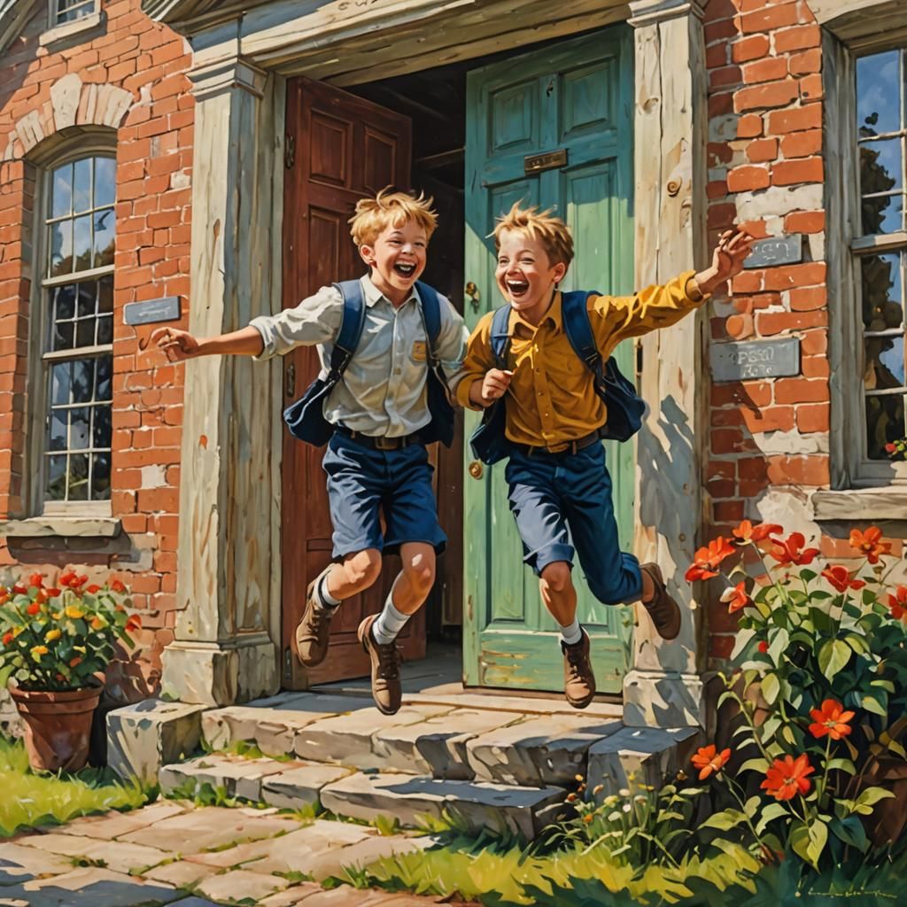 Joyful Boys Celebrate Summer Break: Vivid Oil Painting