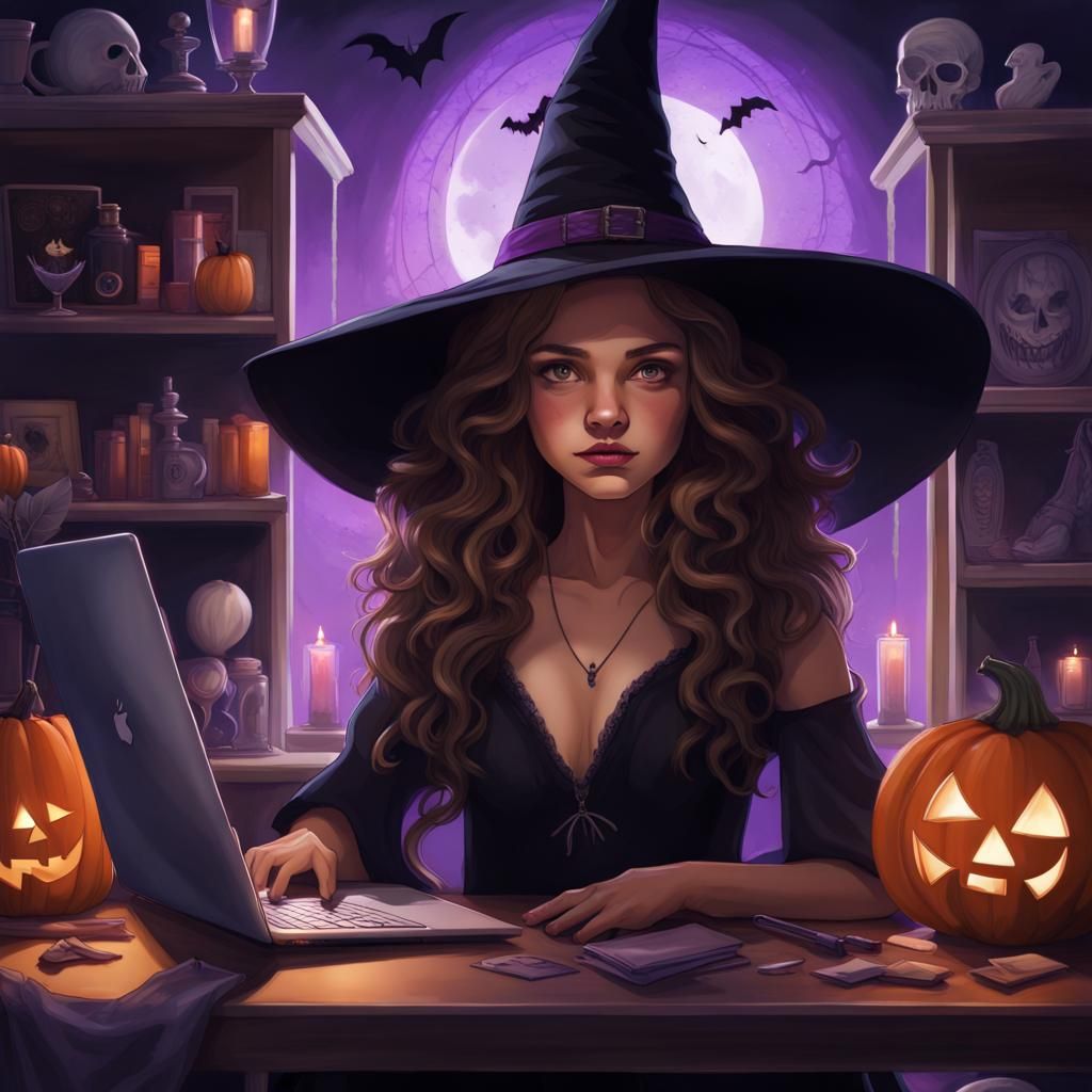Girl in Witch Hat Playing Laptop, Hyperrealistic Splash Art