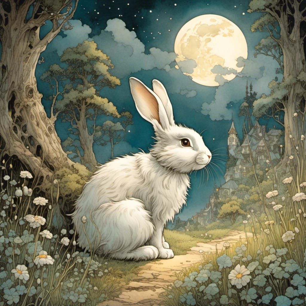 Cute Bunny Stargazing in Dreamlike Landscape