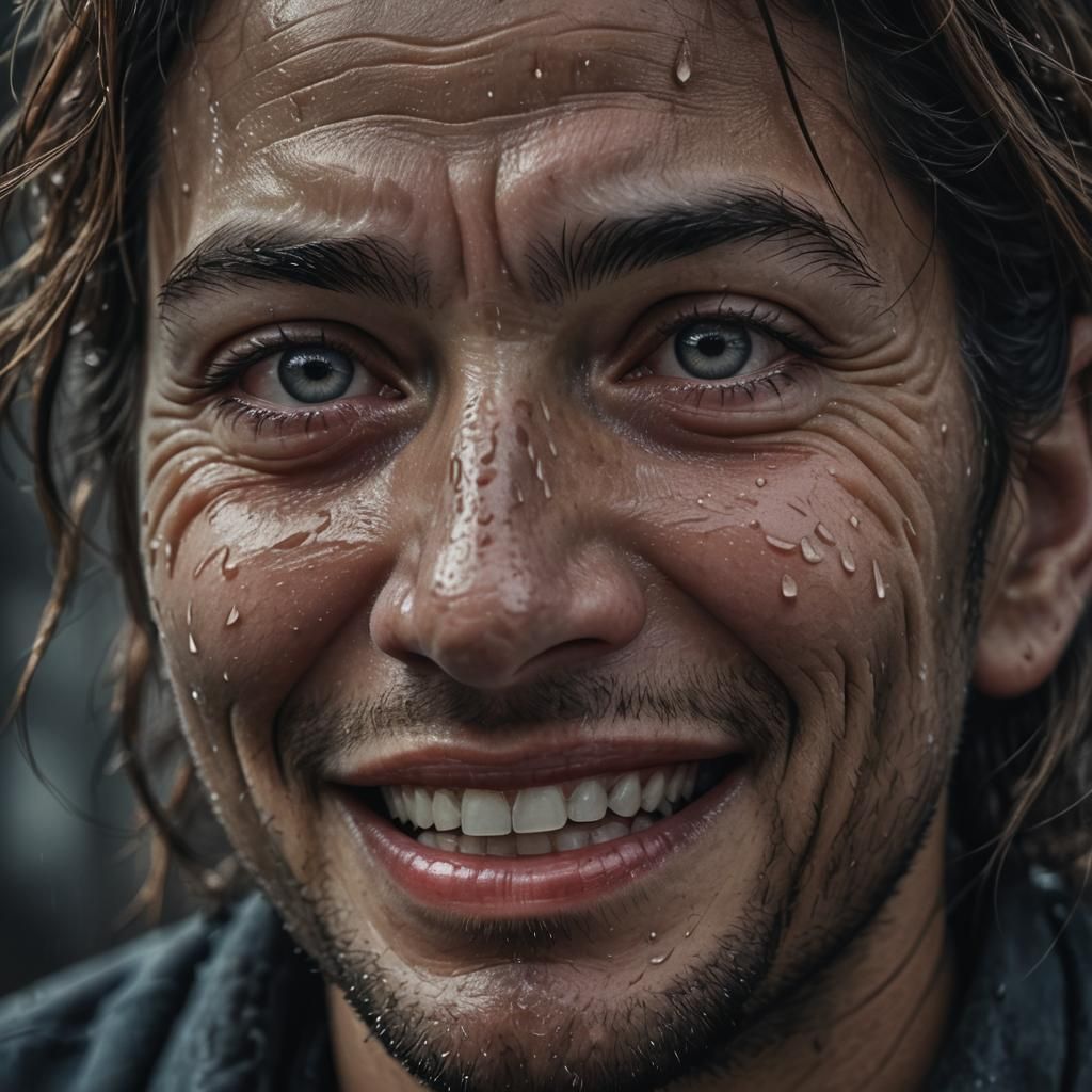 Hyperrealistic Close-Up of Tears and Forced Smile