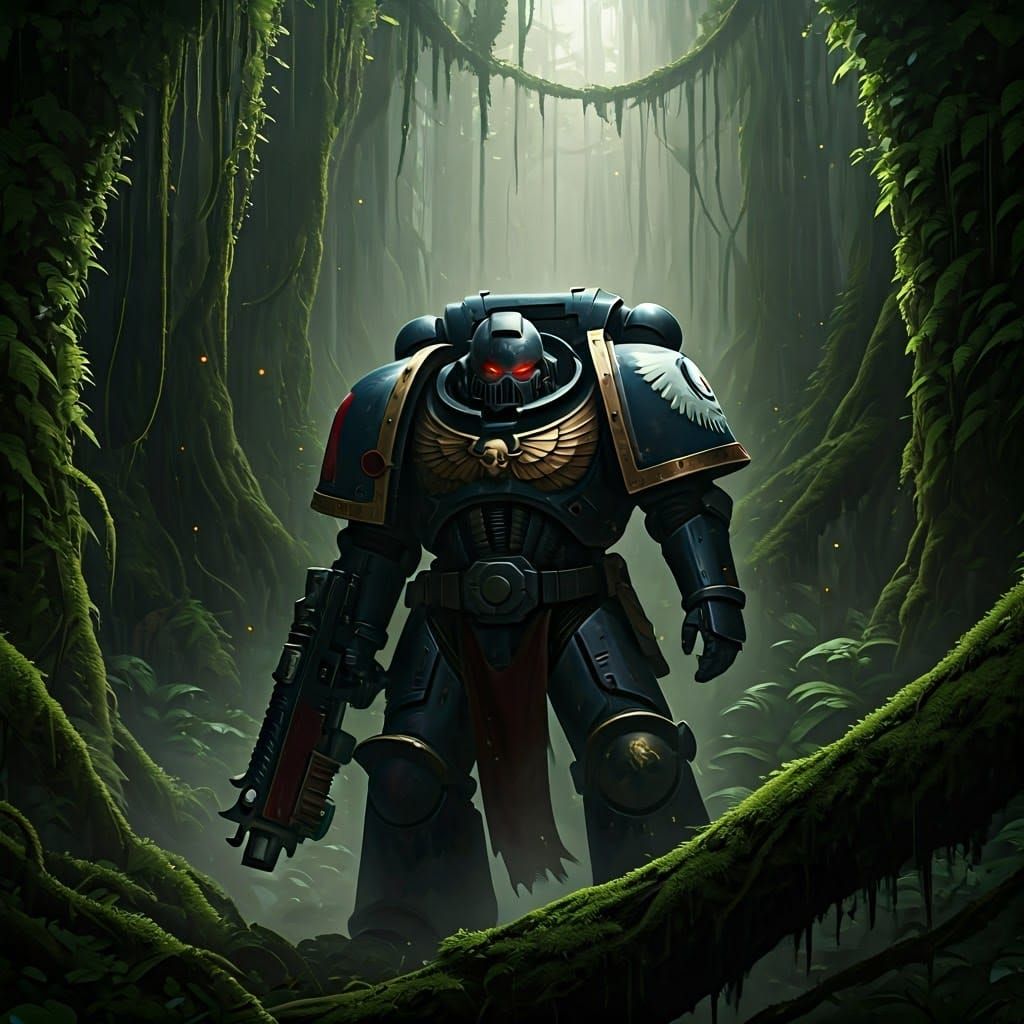 Warhammer 40k Space Marine in Rainforest Twilight