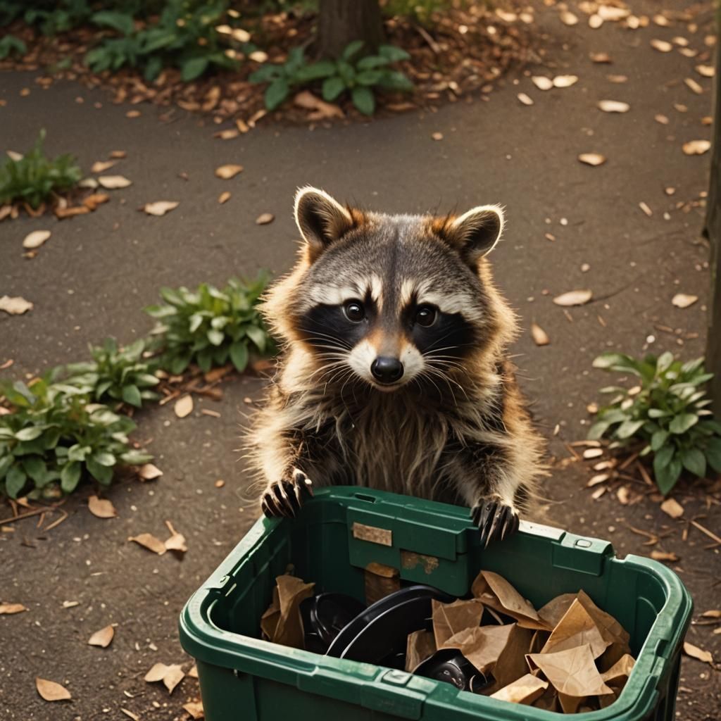 Raccoon Opens Trash Bin: Wildlife Documentary Photography