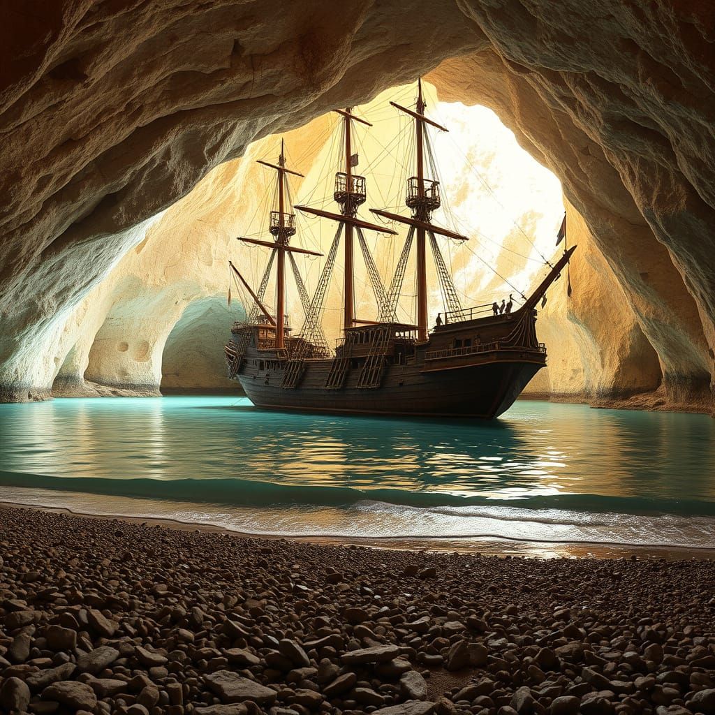 Aged Galleon Ship in Cave, Photorealistic
