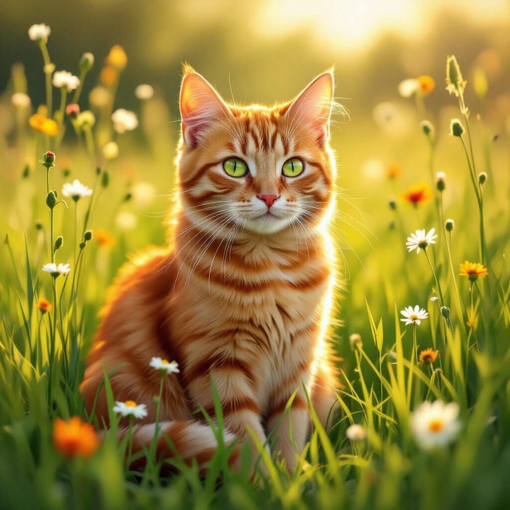 Orange Tabby Cat in Sunlit Meadow Digital Painting