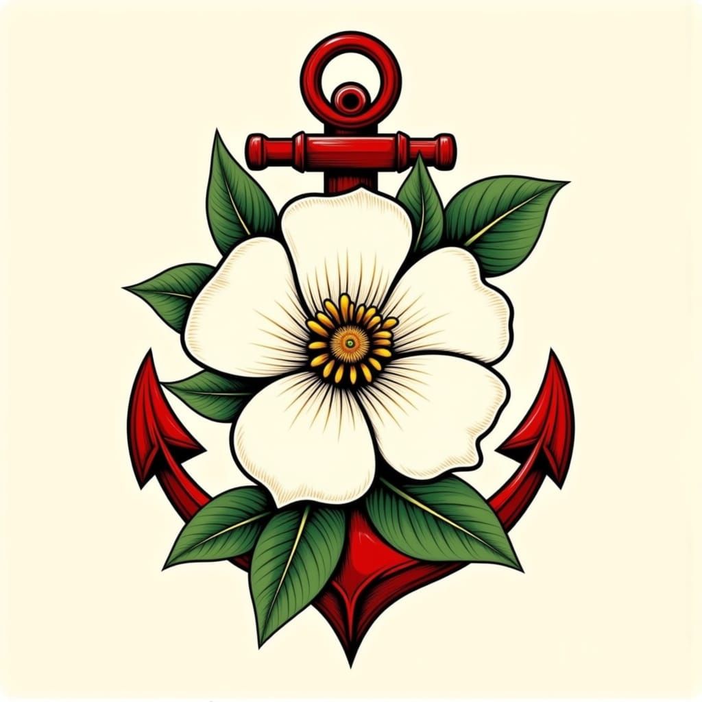 Neo-Traditional Tattoo Design: Flower and Anchor