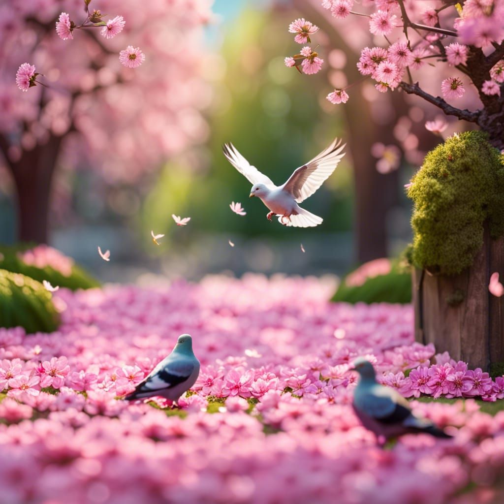 Beautiful Cherry Blossom Garden in Summer Breeze