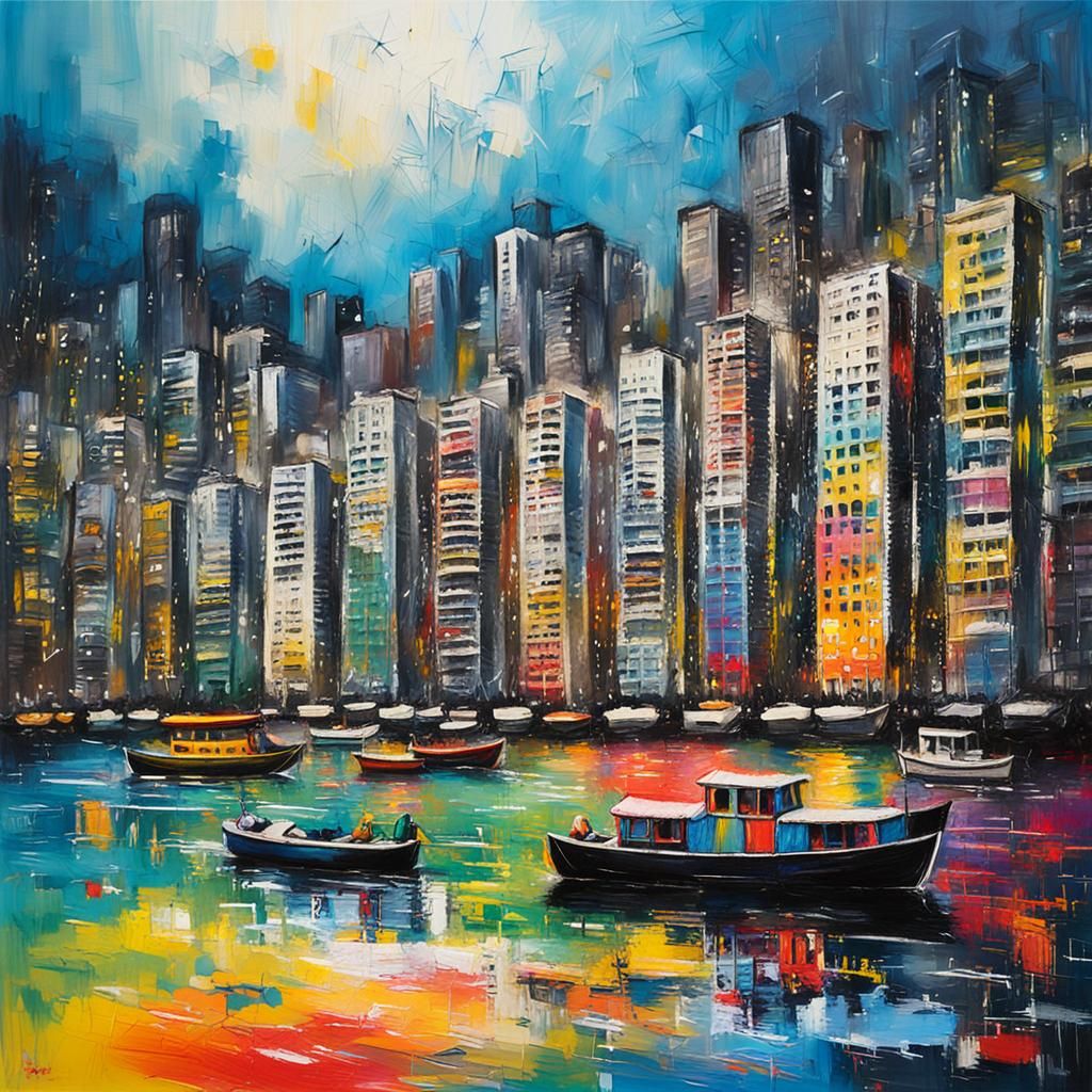 Hong Kong Shoreline in Oil Pastel Impasto Style