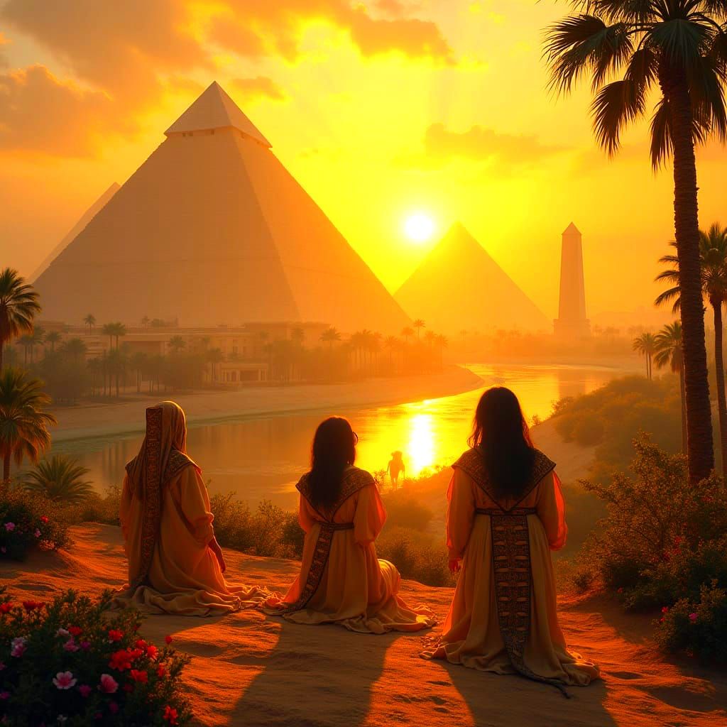 Egyptian Pyramids Bask in Sunset Glory, Devotees in Prayer
