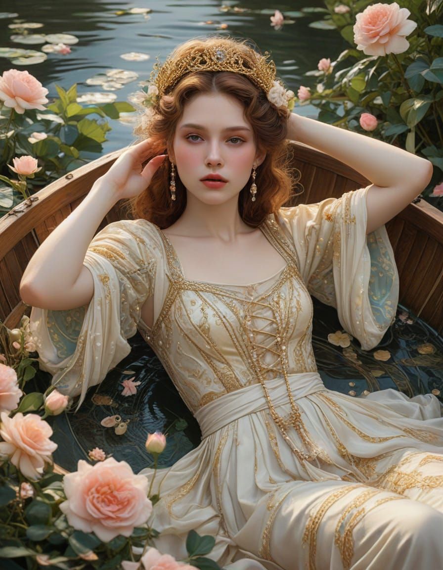 Ethereal Watercolor Scene with Serene Woman and Lush Floral....