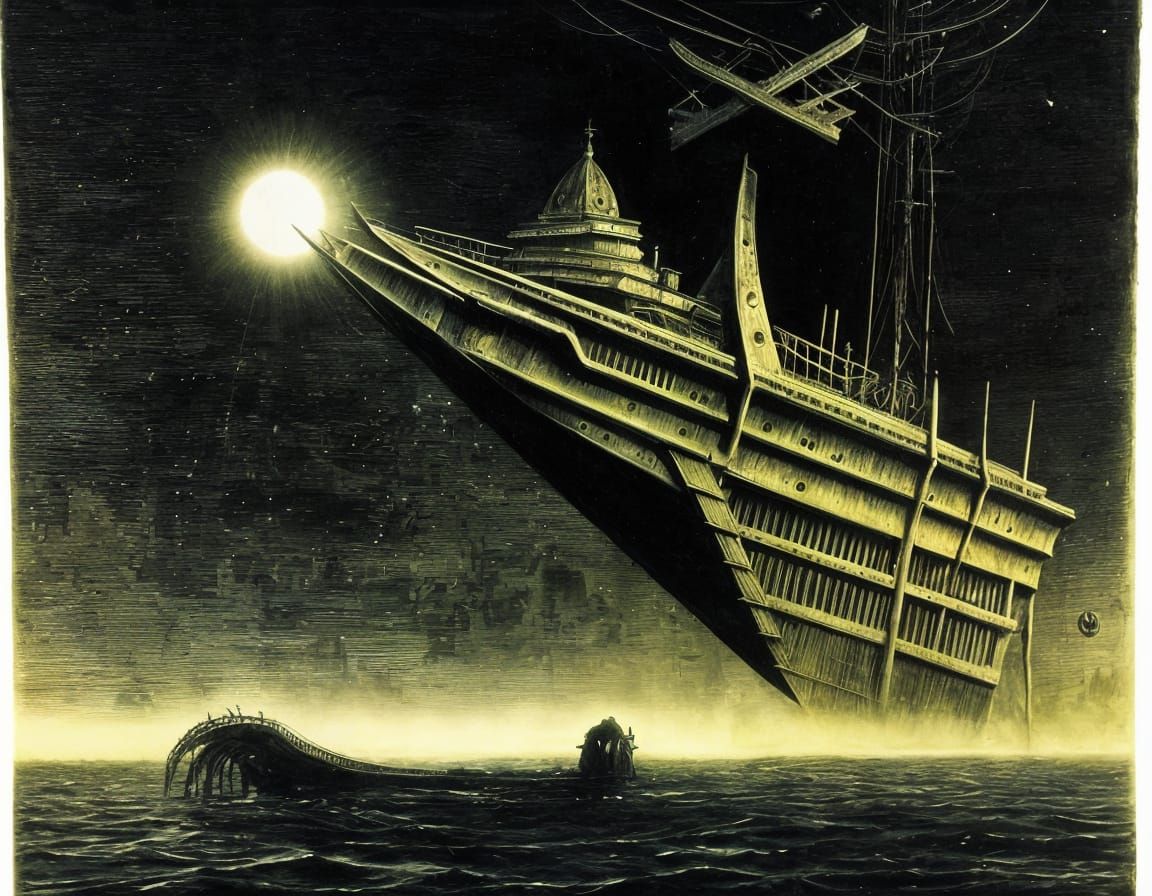 Surreal Ghost Ship at Night in Giger Style