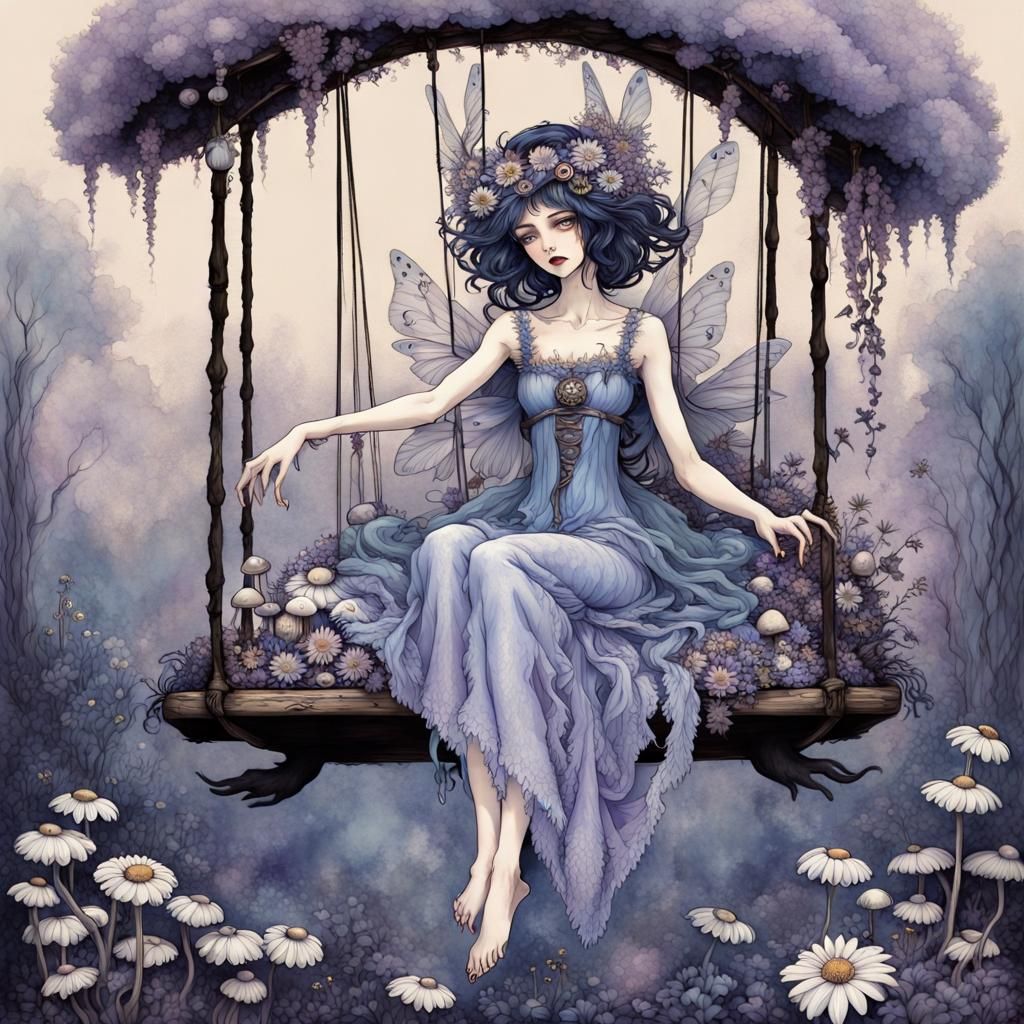 Sinister Fairy on Daisy Swing, Dreamcore Painting