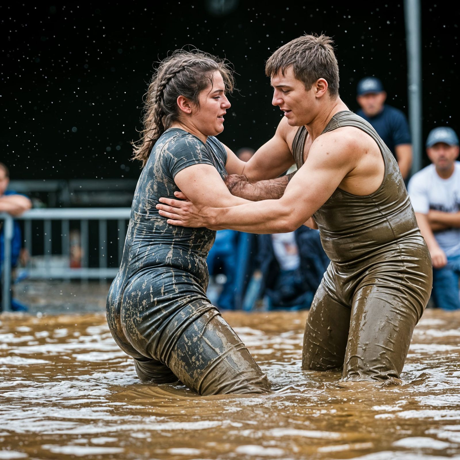 Intense Mud Wrestling Match Between Young Wrestlers