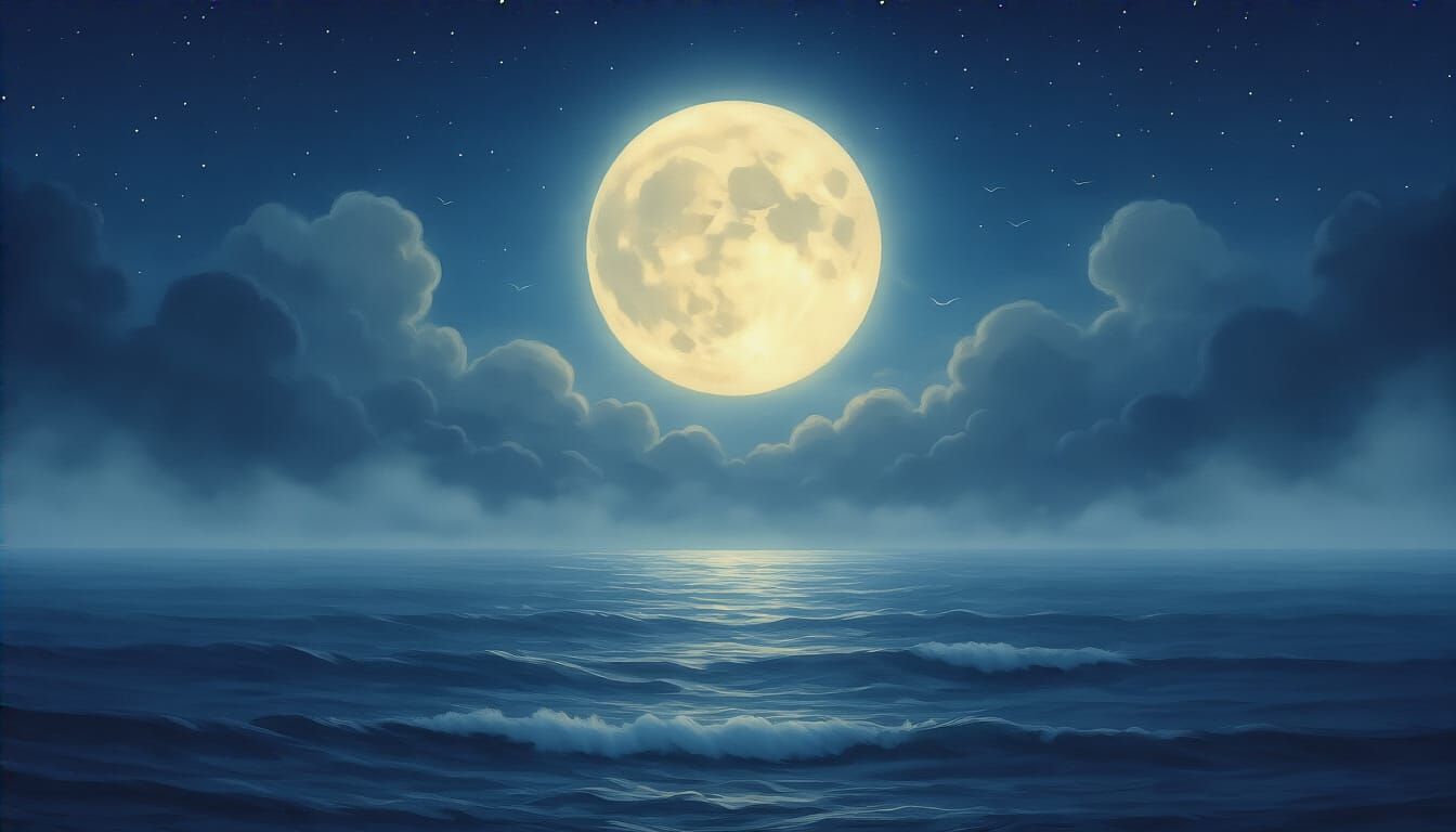 Misty Moonrise Over Ocean in Airbrush Style