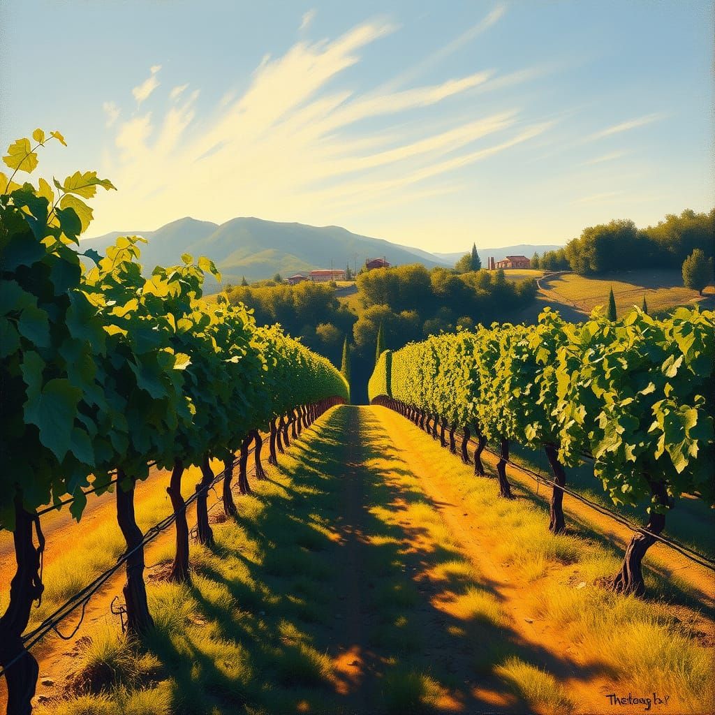 Golden Vineyard Landscape in Impressionist Style
