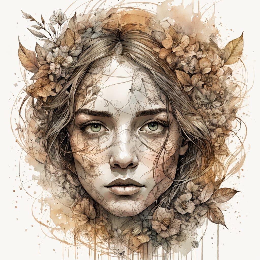 Ethereal Female Portrait in Whimsical, Ink-Drawn Style