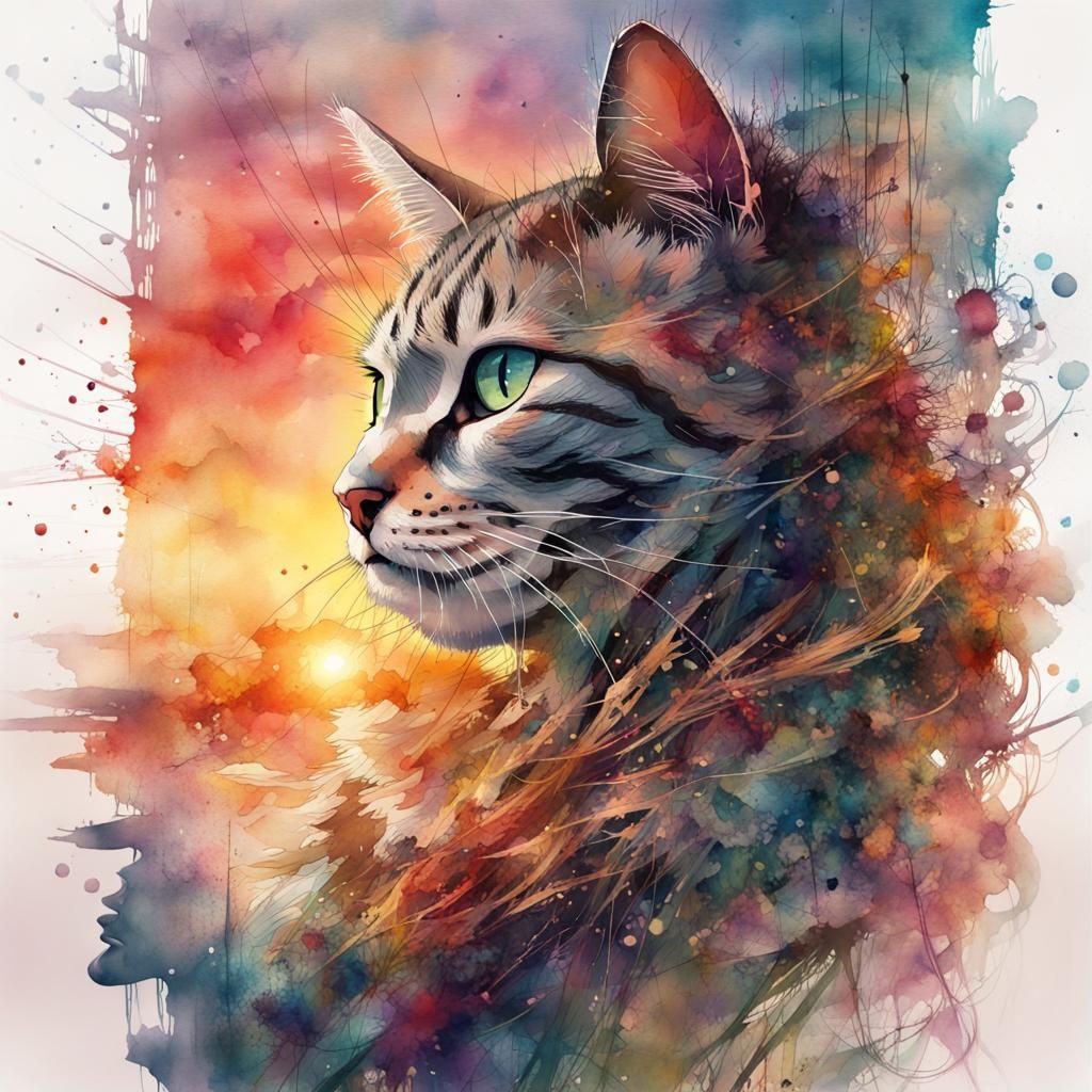 Watercolor Sunset Cat Portrait in Double Exposure