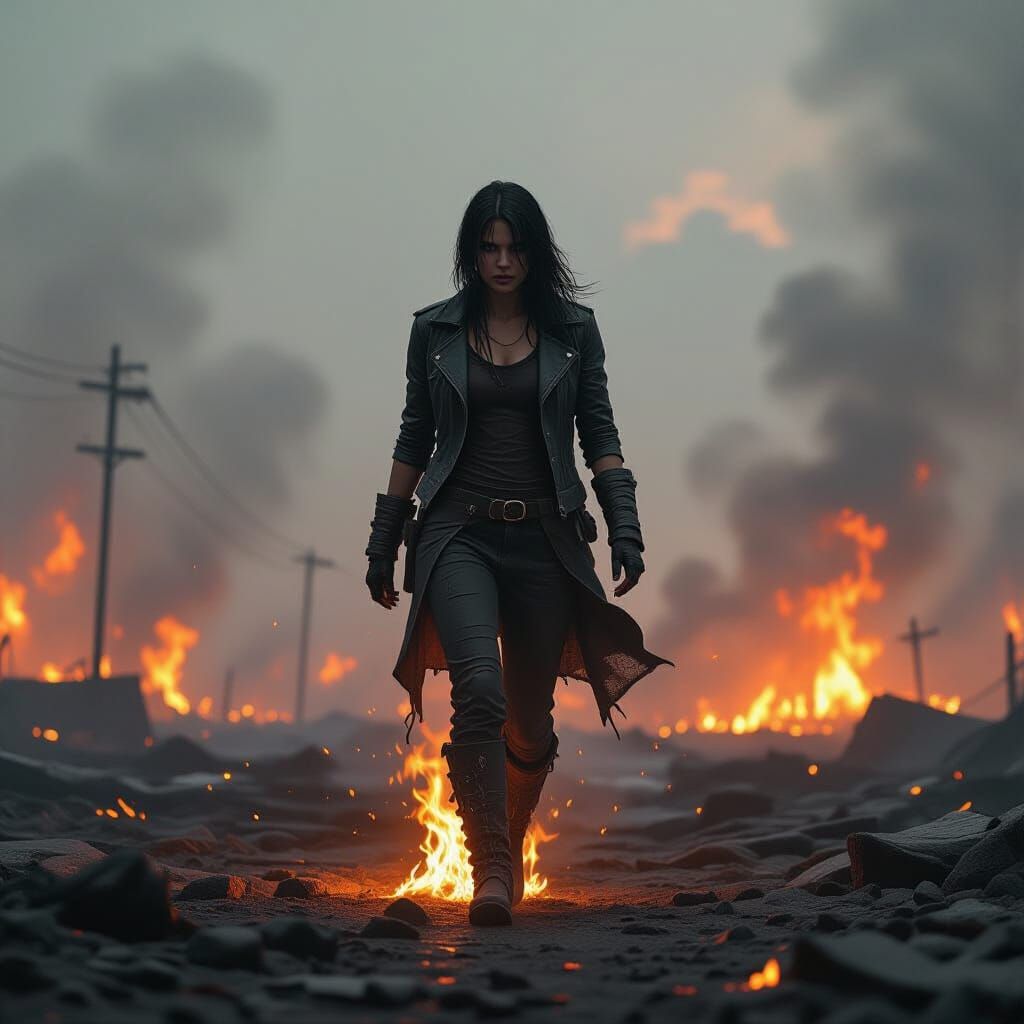 Figure Walking Through Burning Apocalyptic Landscape