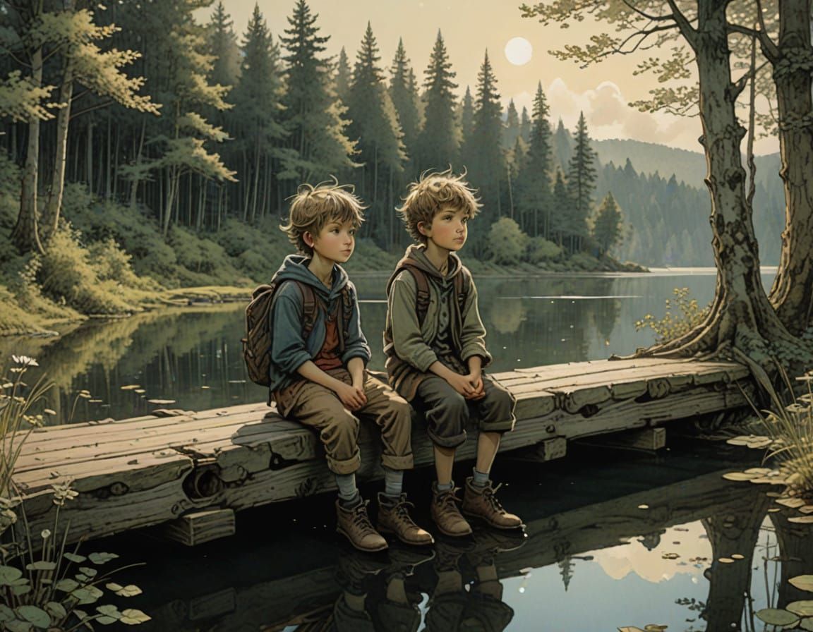 Whimsical Siblings Soar in Dreamlike Forest Scene