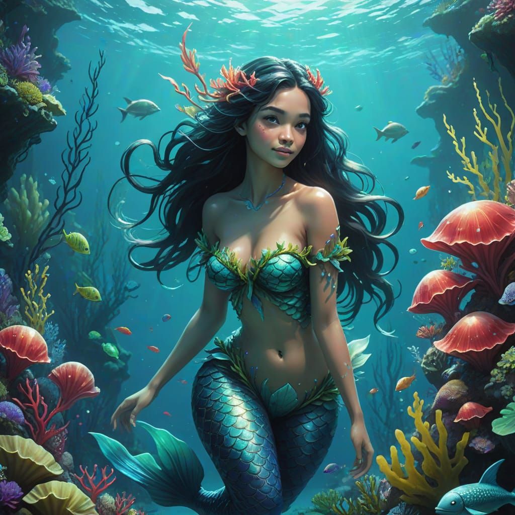 Mermaid Swimming in Vibrant Underwater Fantasy Art