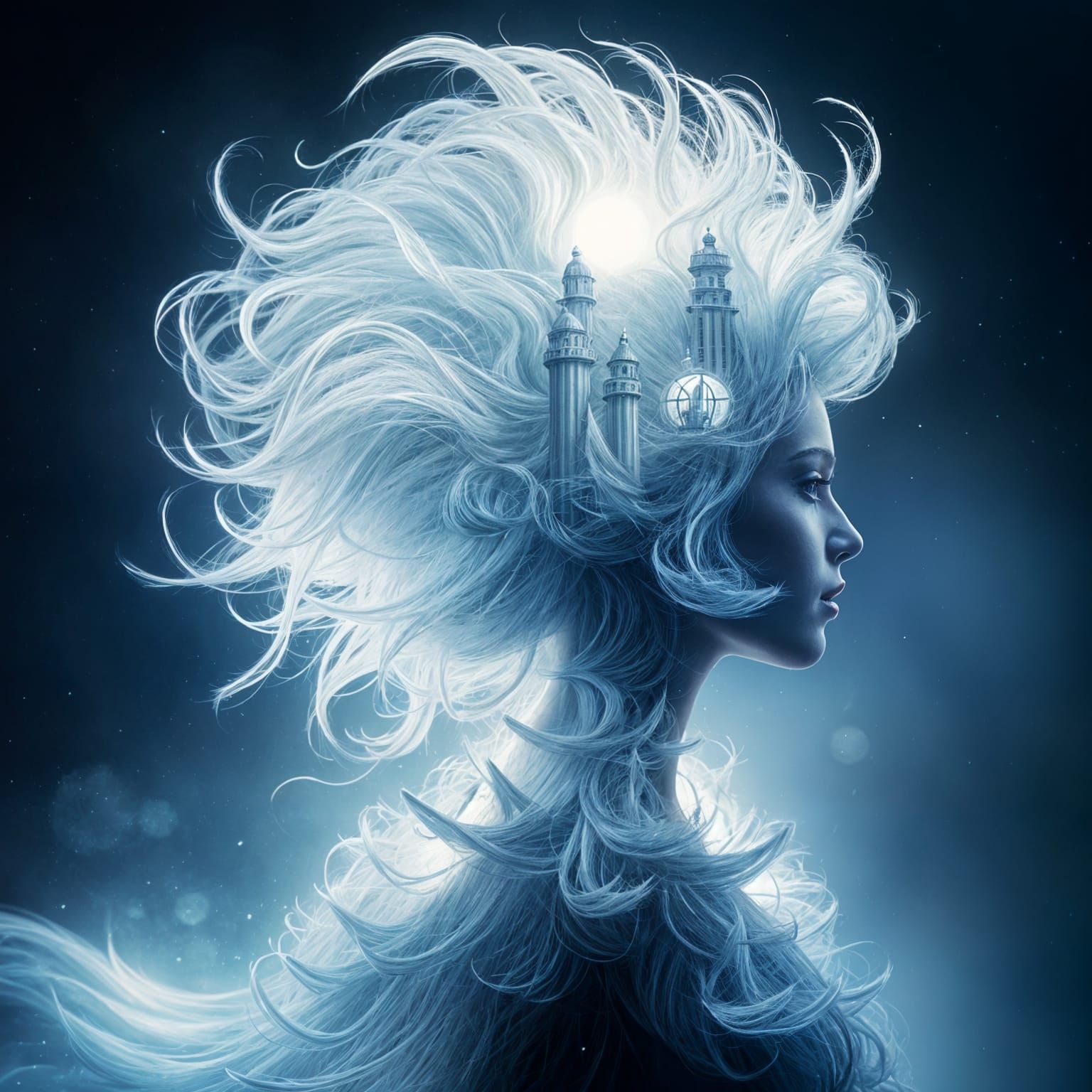 Victorian Lady with Lighthouse Hair in Double Exposure