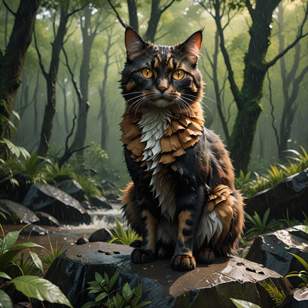 Anime-Inspired Tortoiseshell Cat in Stormy Forest