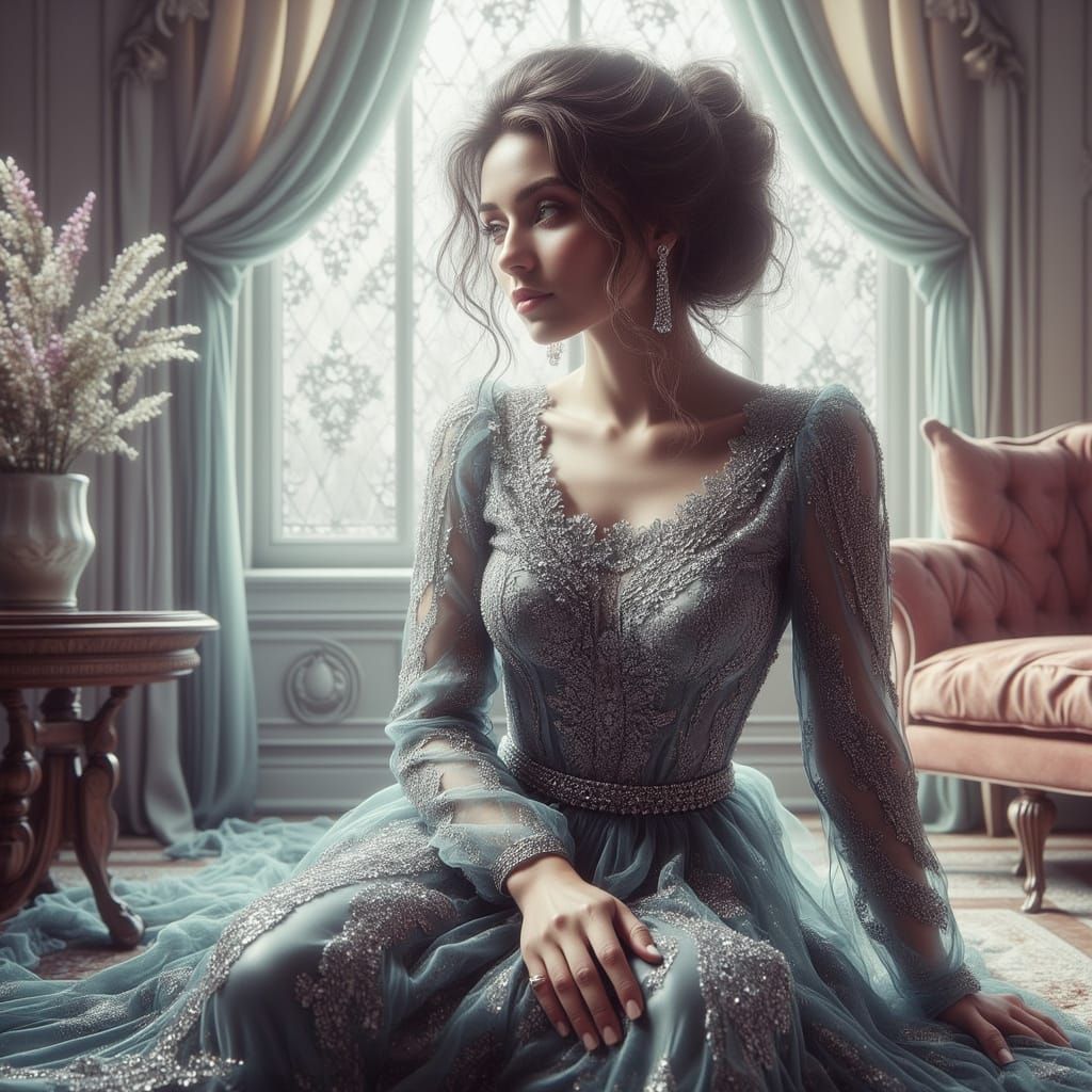 Elegant Woman in Velvet Armchair with Dreamy Background