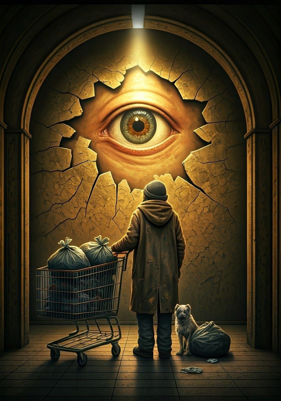 Surrealist Vision of a Homeless Woman Transfixed by a Glowin...