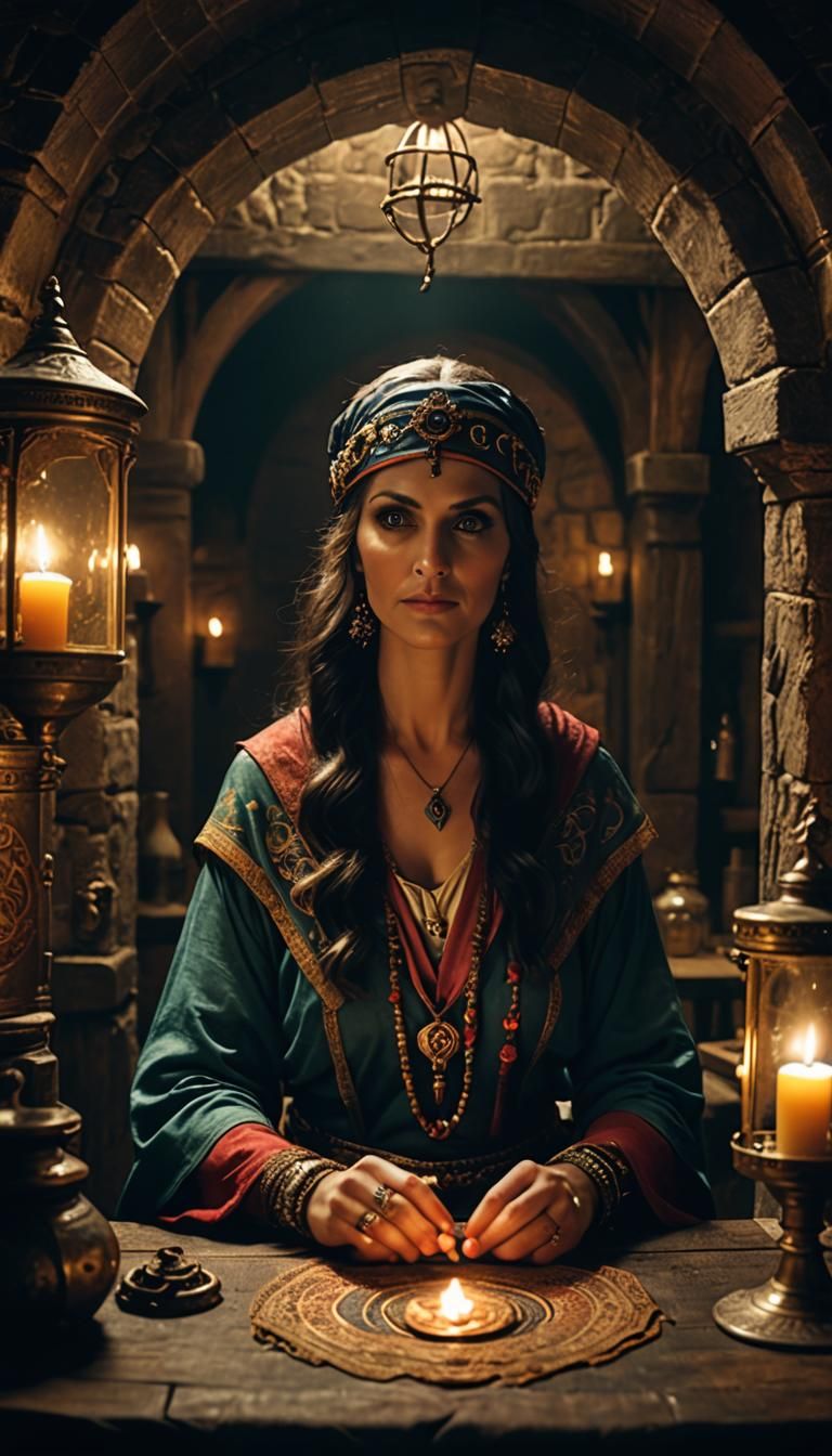 Gypsy fortune teller sneaking into a secret alchemy chamber ...