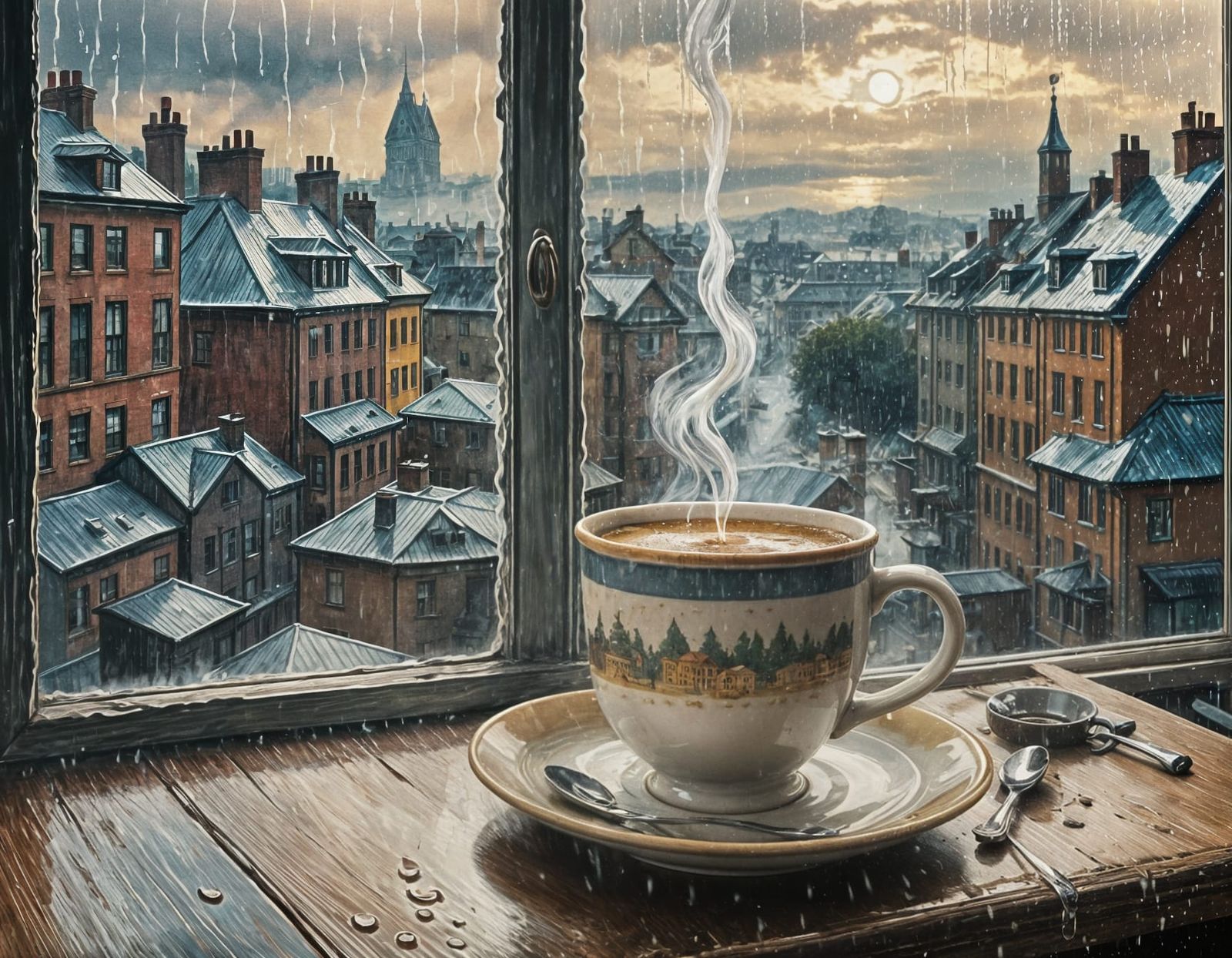 Rainy Morning Coffee in Vaporwave Style