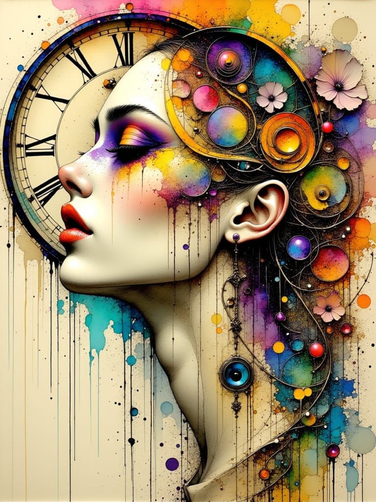Clockpunk Lady: Surreal Ink Portrait with Glitch Art