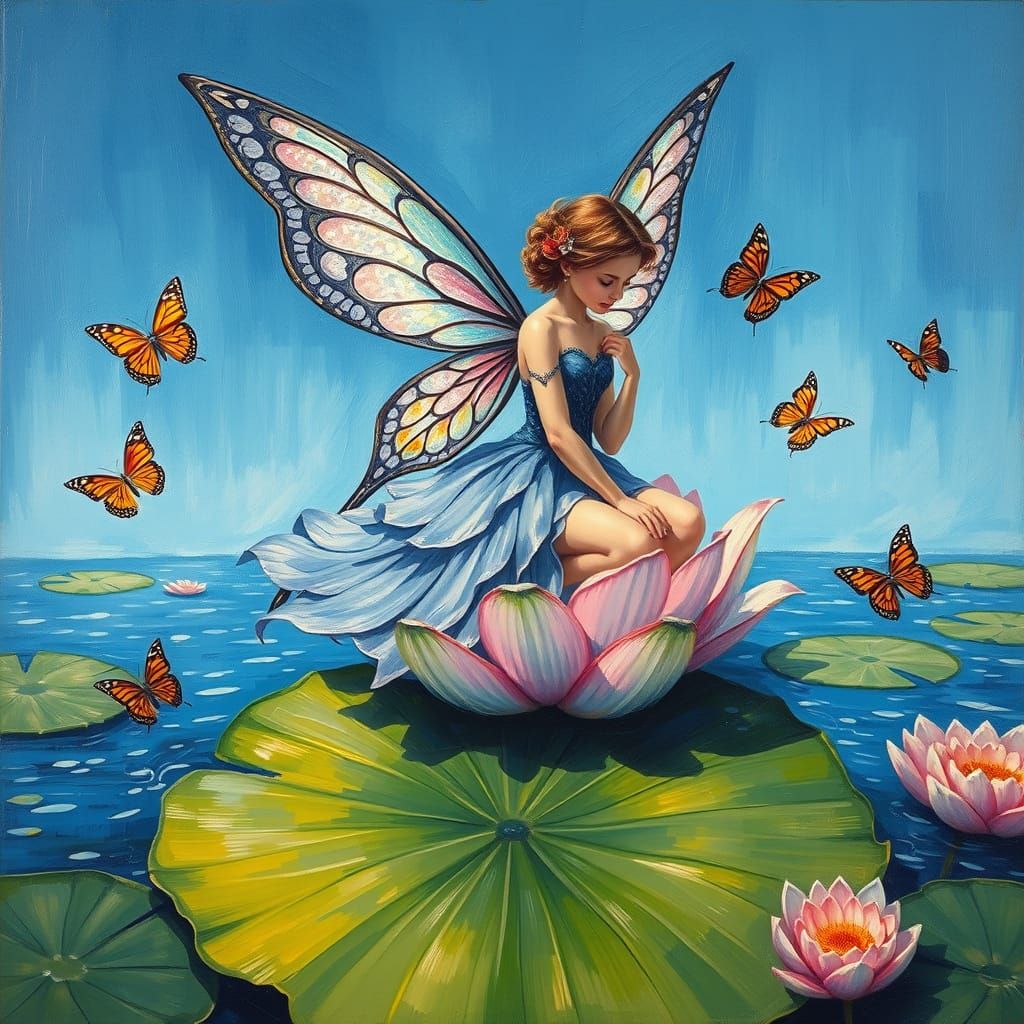 Fairy with intricate iradescent wings sitting on a giant Lilly pad with skirt fanned out around her. Background blue ski...