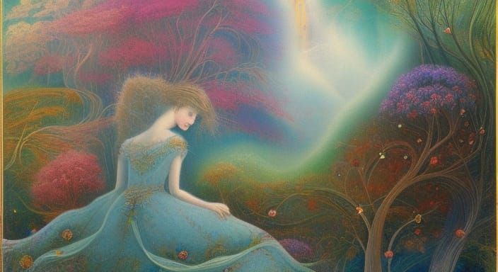 Fairytale Riverbank Scene in Rich Colors